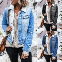 Fashion Long Sleeve PLO Collar Faux Lamb Wool Lining Denim Coat