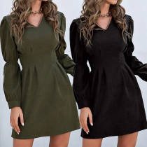 Elegant Solid Color Puff Sleeve V-neck High Waist Slim Fit Dress