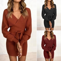 Fashion Solid Color Long Sleeve V-neck Tie-belt Knit Dress