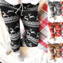 Cute Elk Printed Drawstring Waist Plush Lining Sports Pants