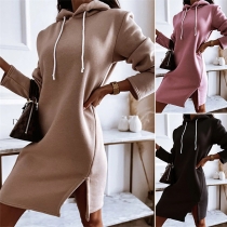 Casual Style Long Sleeve Slit Hem Solid Color Hooded Sweatshirt Dress