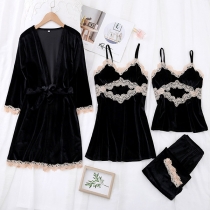 Sexy Backless V-neck Lace Spliced Pleuche Nightwear Set Four-piece Set