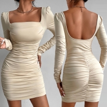 Sexy Backless Square Collar Long Sleeve Solid Color Slim Fit Wrinkled Dress