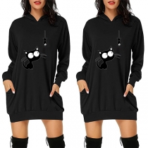 Cute Black Cat Pattern Long Sleeve Hooded Sweatshirt Dress