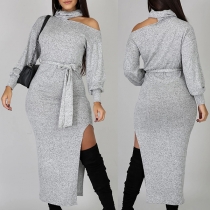 Sexy Off-shoulder Long Sleeve Slit Hem Solid Color Slim Fit Knit Dress
