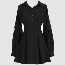 OL Style Long Sleeve POLO Collar High Waist Black Shirt Dress