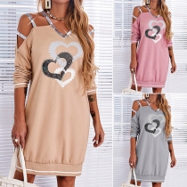 Sexy Off-shoulder Long Sleeve V-neck Heart Pattern Sequin Spliced Sweatshirt Dress