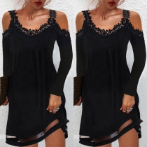 Sexy Off-shoulder Long Sleeve V-neck Lace Spliced Solid Color Dress