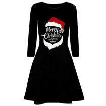 Cute Style Long Sleeve Round Neck Christmas Printed A-line Dress