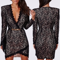 Sexy Deep V-neck Long Sleeve Irregular Hem Slim Fit Lace Dress