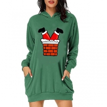 Cute Cartoon Printed Long Sleeve Hooded Sweatshirt Dress