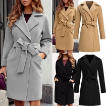 OL Style Long Sleeve Notched Lapel Solid Color Woolen Coat with Waist Strap