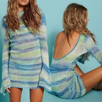 Sexy Backless Long Sleeve Round Neck Contrast Color Striped Knit Dress