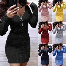 Fashion Zipper V-neck Long Sleeve Solid Color Slim Fit Knit Sweater Dress