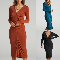 Sexy V-neck Long Sleeve Single-breasted Slim Fit Wrinkled Dress