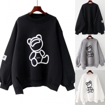 Cute Cartoon Pattern Long Sleeve Round Neck Slit Hem Loose Sweatshirt