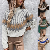 Fashion Contrast Color Long Sleeve Mock Neck Sweater
