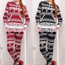 Fashion Snowflake Printed Long Sleeve Hooded Sweatshirt + Pants Christmas Set