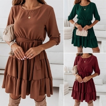 Fashion Solid Color Long Sleeve Round Neck Ruffle Hem Dress