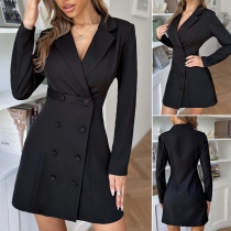 OL Style Long Sleeve Double-breasted Solid Color Slim Fit Suit Dress