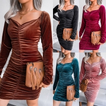 Sexy Square Collar Long Sleeve Solid Color Slim Fit Wrinkled Dress