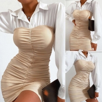 OL Style Long Sleeve POLO Collar Contrast Color Slim Fit Shirt Dress