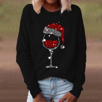 Casual Style paljett vinglas mönster långärmad rund hals T-shirt
