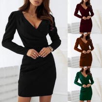 Sexy V-neck Long Sleeve Solid Color Slim Fit Dress