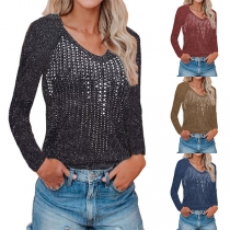 Fashion Long Sleeve V-neck Rhinestone Knit Top