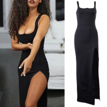 Sexy Slit Hem Low-cut Solid Color Sleeveless Slim Fit Dress