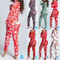 Söt stil jultryckt långärmad V-ringad Home-wear Jumpsuit Pyjamas (storlekarna faller small)