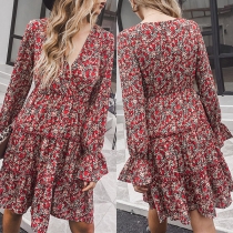 Fresh Style Puff Sleeve V-neck Ruffle Hem Printed Dress