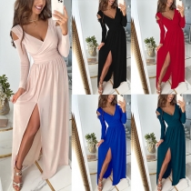 Sexy Off-shoulder V-neck Slit Hem Long Sleeve High Waist Solid Color Dress