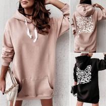 Casual Style Long Sleeve Hooded Qr Code Pattern Loose Sweatshirt Dress