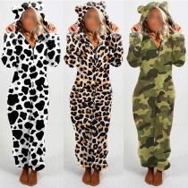 Söt långärmad tryckt huva föräldra-barn jumpsuit pyjamas i ett stycke