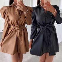 Fashion Long Sleeve POLO Collar Single-breasted Slim Fit PU Leather Dress