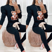 Cute Cartoon Bear Patter Long Sleeve Round Neck Sweatshirt + Pants Two-piece Set