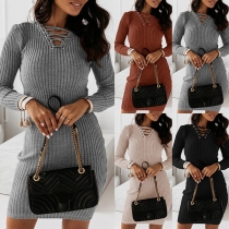 Sexy Lace-up V-neck Long Sleeve Solid Color Slim Fit Knit Dress