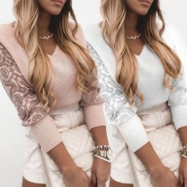 Fashion Lace Spliced Long Sleeve Round Neck Knit Top