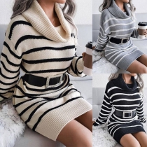 Mode långärmad turtleneck Slim Fit Stripe Knit Klänning (Storleken blir stor, midjebälte ingår ej)