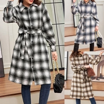 Fashion Long Sleeve POLO Collar Single-breasted Plaid Shirt Dress