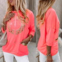 Casual Style Gold-tone Printed Pattern Long Sleeve Hooded Loose Sweatshirt