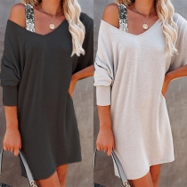 Sexy Off-shoulder V-neck Long Sleeve Sequin Spliced Sling Loose T-shirt Dress