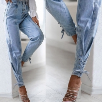 Fashion High Waist Lace-up Leg Opening Jeans