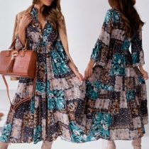 Bohemian Style 3/4 Trumpet Sleeve High Waist Stand Collar Printed Dress