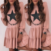 Fashion Long Sleeve Round Neck Pentagram Pattern Ruffle Hem Dress