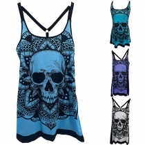 Sexy Off-shoulder Short Sleeve Skull Printed Beaded Halter T-shirt
