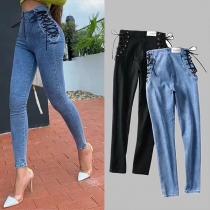 Mode med snörning på sidan och hög midjehöjd Slim Fit Jeans (Små storlekar)