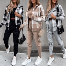 Mode långärmad huva, plädstickad kappa + Crop Top + Byxor i tre delar