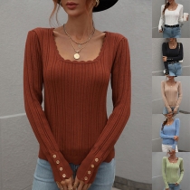 Fashion Solid Color Long Sleeve V-neck Hollow Out Knit Top